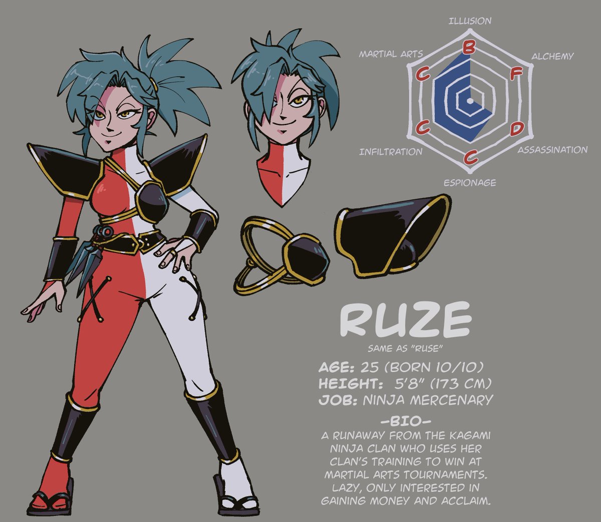 I made a quick reference for my ninja girl! Her name is Ruze. She's rival-coded but I haven't made anyone for her to rival against. She specializes in active illusion arts, where she obfuscates her movements during a fight to get cheap hits! #wesleykart