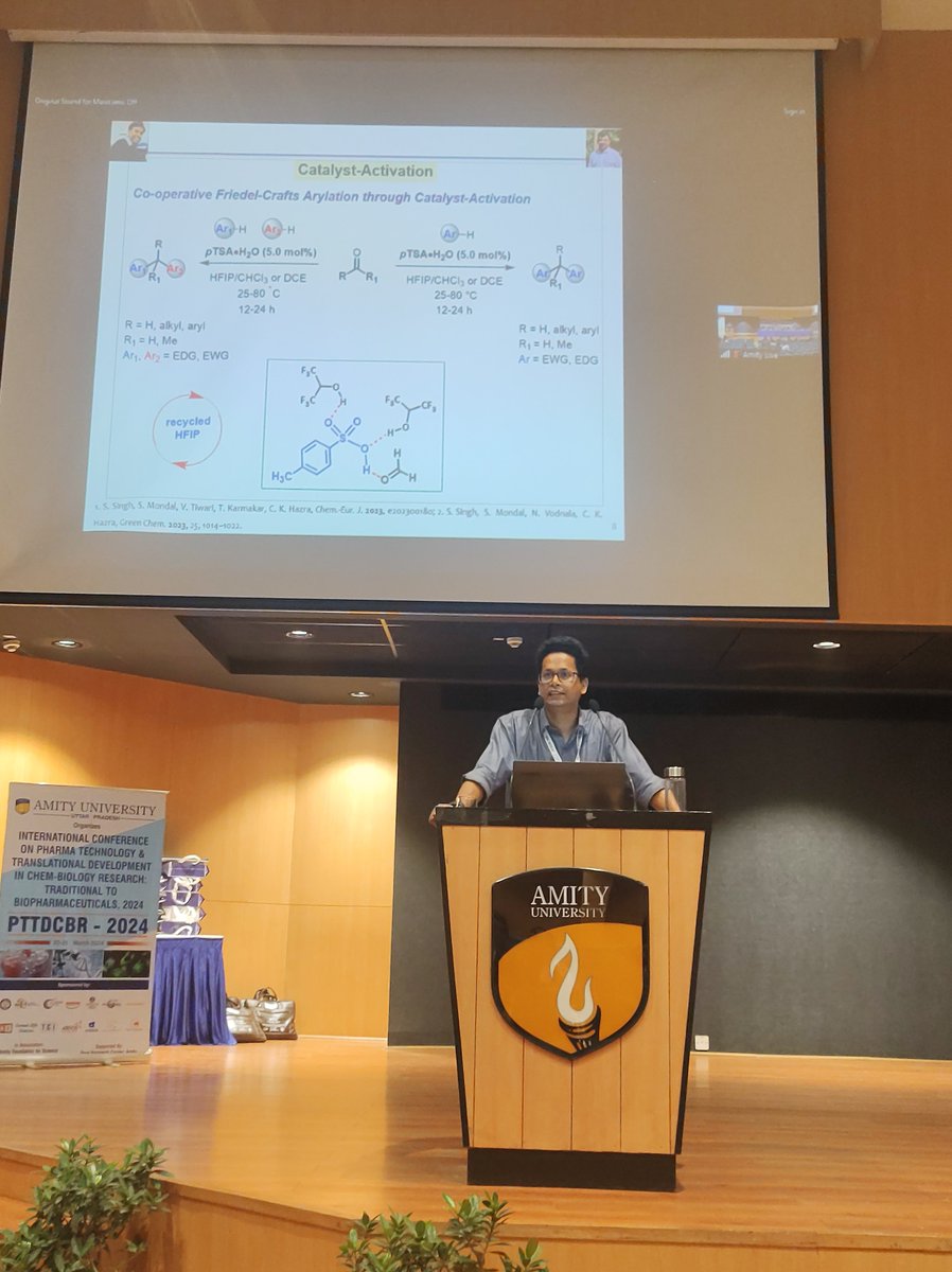 Dr. Hazra delivered a presentation on 'Organocatalytic Transformation of Feedstock Molecules to Value-Added Products and its Mechanistic Investigation' at the International Conference organized by Amity University, Noida Campus, on 21st March 2024.