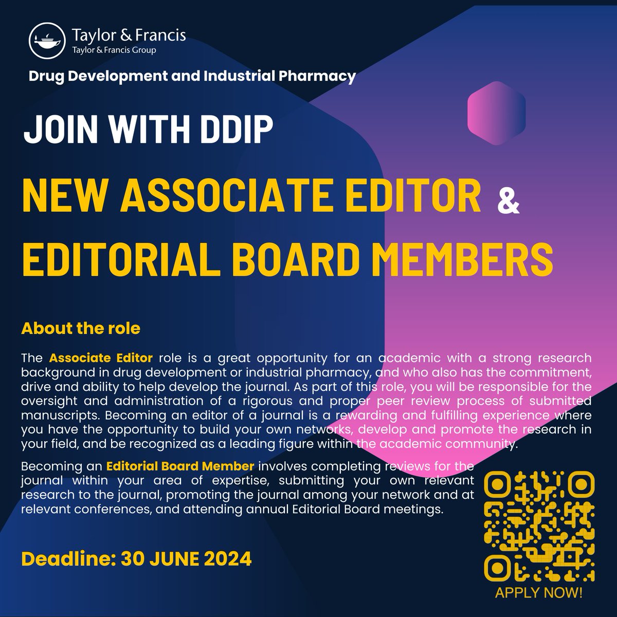 📢Calling all experts in drug development! @DDIPJournal is seeking a new Associate Editor and Editorial Board Members. Join a leading journal in the field. 📨Apply now! think.taylorandfrancis.com/editor_recruit… #DrugDevelopment #IndustrialPharmacy #EditorialOpportunity