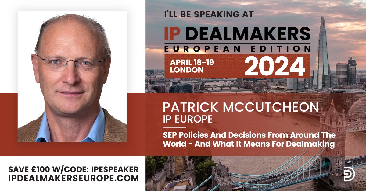 Come hear IP Europe Managing Director Patrick McCutcheon at this year's IP Dealmakers conference 18-19 April. He'll be talking about #patents, #standards and #openinnovation for a fair and level playing field for innovators building on global open standards such as 5G.…