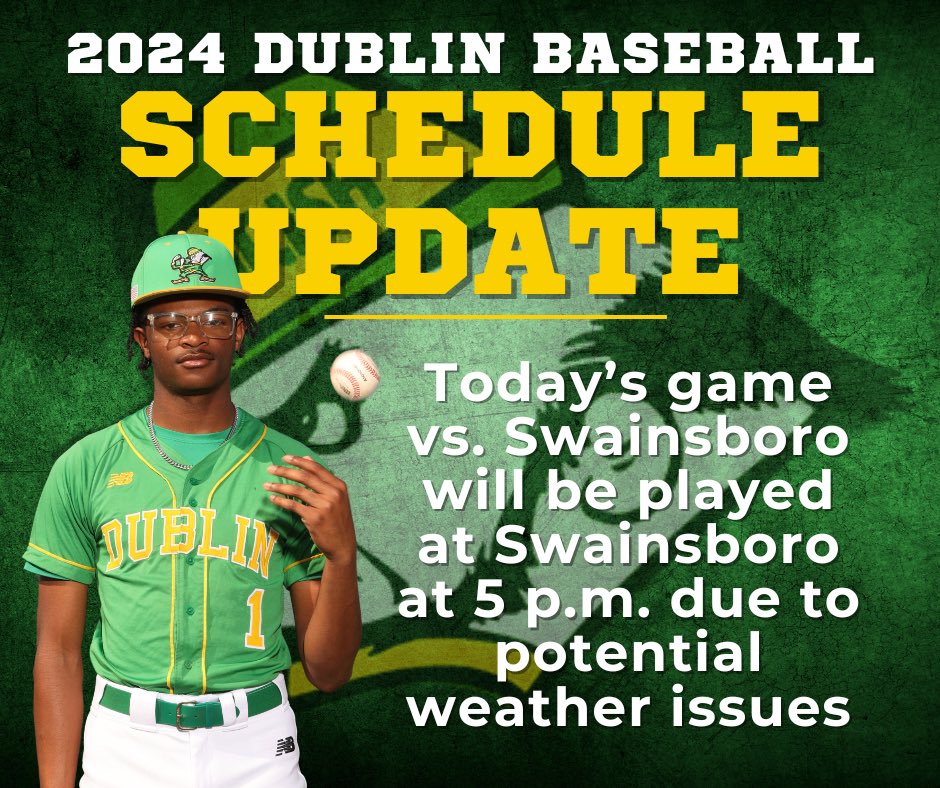 Schedule update: Today’s game vs. Swainsboro will be played at Swainsboro at 5 p.m. due to potential weather issues. The schedule for the remaining games of the series will be announced later this week. #GoIrish ☘️