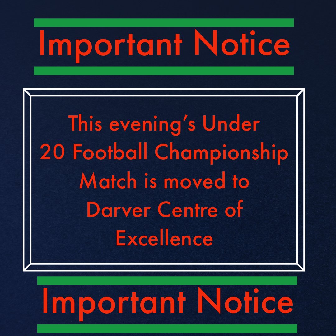 𝙁𝙤́𝙜𝙧𝙖 𝙁𝙤́𝙜𝙧𝙖 𝙁𝙤́𝙜𝙧𝙖 

To all travelling supporters to the <a href="/Offaly_GAA/">Official Offaly GAA</a> v <a href="/louthgaa/">Louth GAA</a> under 20 football championship match this evening.

The game is now getting played at the Darver Centre of Excellence.

This is 10 minutes away from the original venue at Stabannon.
