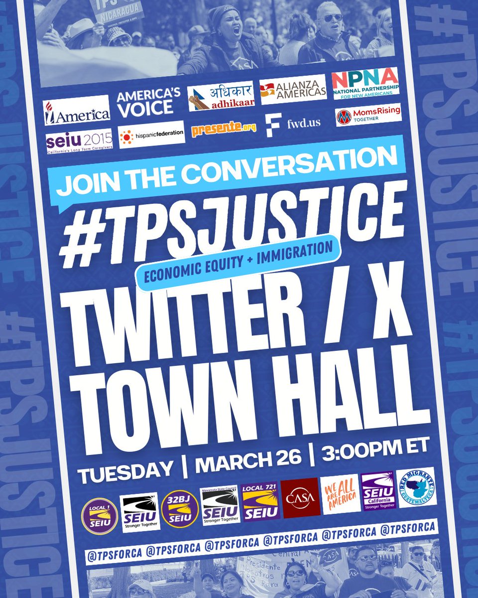 Join @SEIU2015, @TPSforCA, and partners in a Twitter Town hall today at 12pm PT! They’ll discuss how #TPSJustice can help protect immigrant workers and boost workplace standards for all workers! 🇸🇻🇭🇳🇳🇮🇳🇵🇬🇹