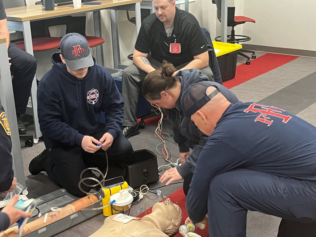 FishersFireDept's tweet photo. Leveling up our life-saving game! 🚑🩺 Shoutout to Dr. Paige Ostahowski, Dr. Rachel Rodrigues, and paramedics Aaron Jeannette and Aaron Coffey for guiding 13 EMS instructors through 3 intense days of advanced airway training! https://t.co/9t9LxO5xbS