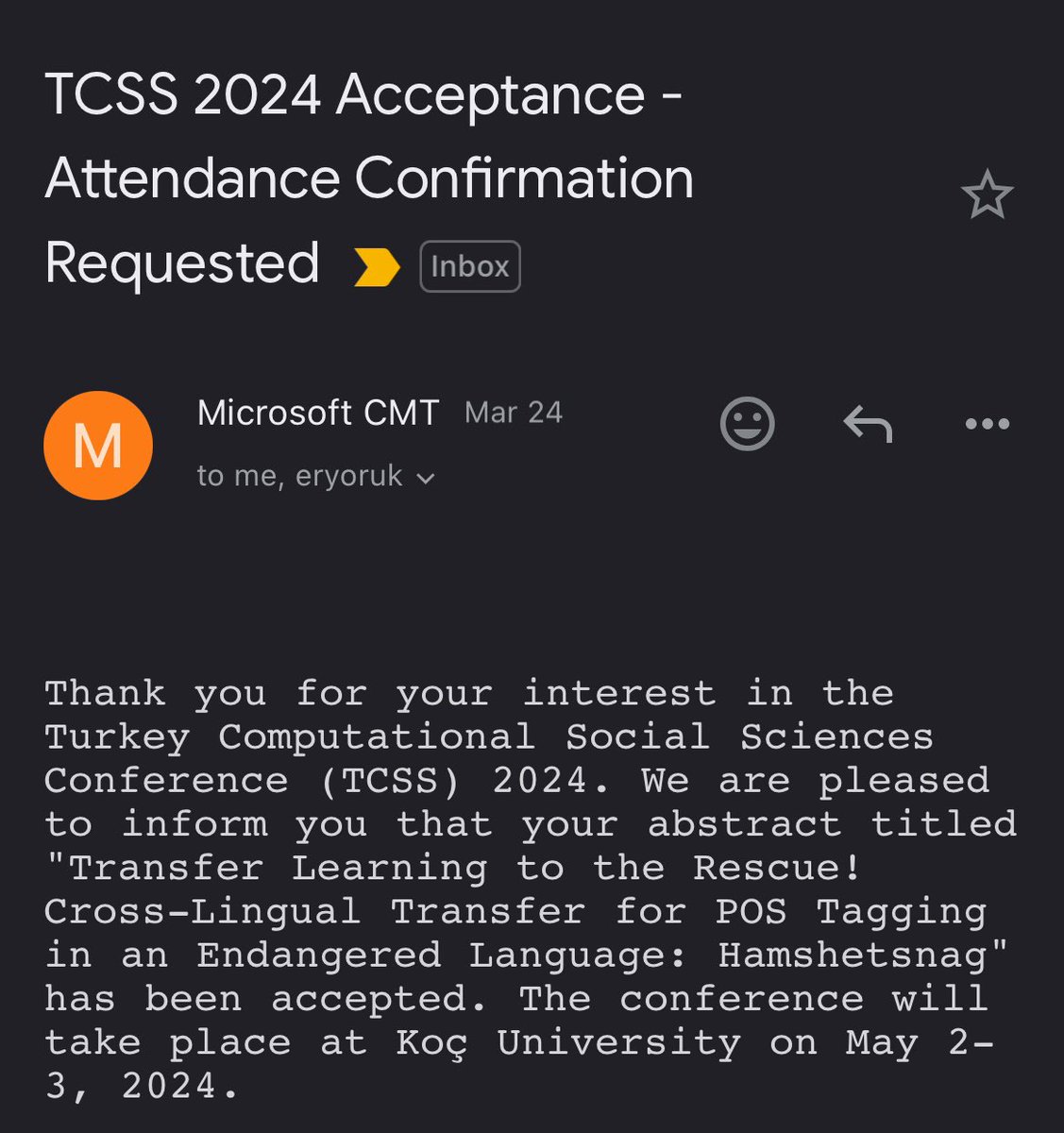 baran (@lambdabstract) on Twitter photo I'm very excited to share that my joint work with <a href="/Onr_Kls/">Onur Keleş</a> titled "Transfer Learning to the Rescue! Cross-Lingual Transfer for POS Tagging in an Endangered Language: Hamshetsnag" got accepted to #TCSS organized by <a href="/ccss_ku/">CCSS Koç University</a> at <a href="/kocuniversity/">Koç Üniversitesi</a> on May 2-3! I'm very excited to share that my joint work with <a href="/Onr_Kls/">Onur Keleş</a> titled "Transfer Learning to the Rescue! Cross-Lingual Transfer for POS Tagging in an Endangered Language: Hamshetsnag" got accepted to #TCSS organized by <a href="/ccss_ku/">CCSS Koç University</a> at <a href="/kocuniversity/">Koç Üniversitesi</a> on May 2-3!