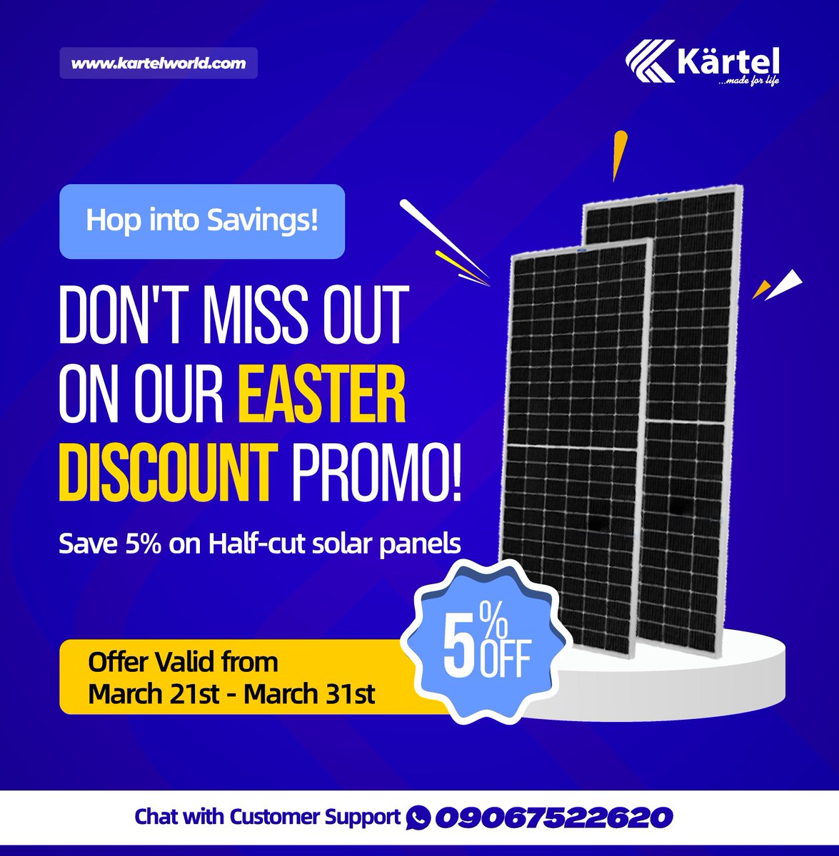 Don’t let this Easter offer hop away! Save big this Easter with our exclusive discount promo! Save 5% on Half-cut solar panels. Don’t miss out on this opportunity to embrace renewable energy. Offer valid till March 31st. 🌞 #EasterPromo #EcoFriendly #SustainableLiving