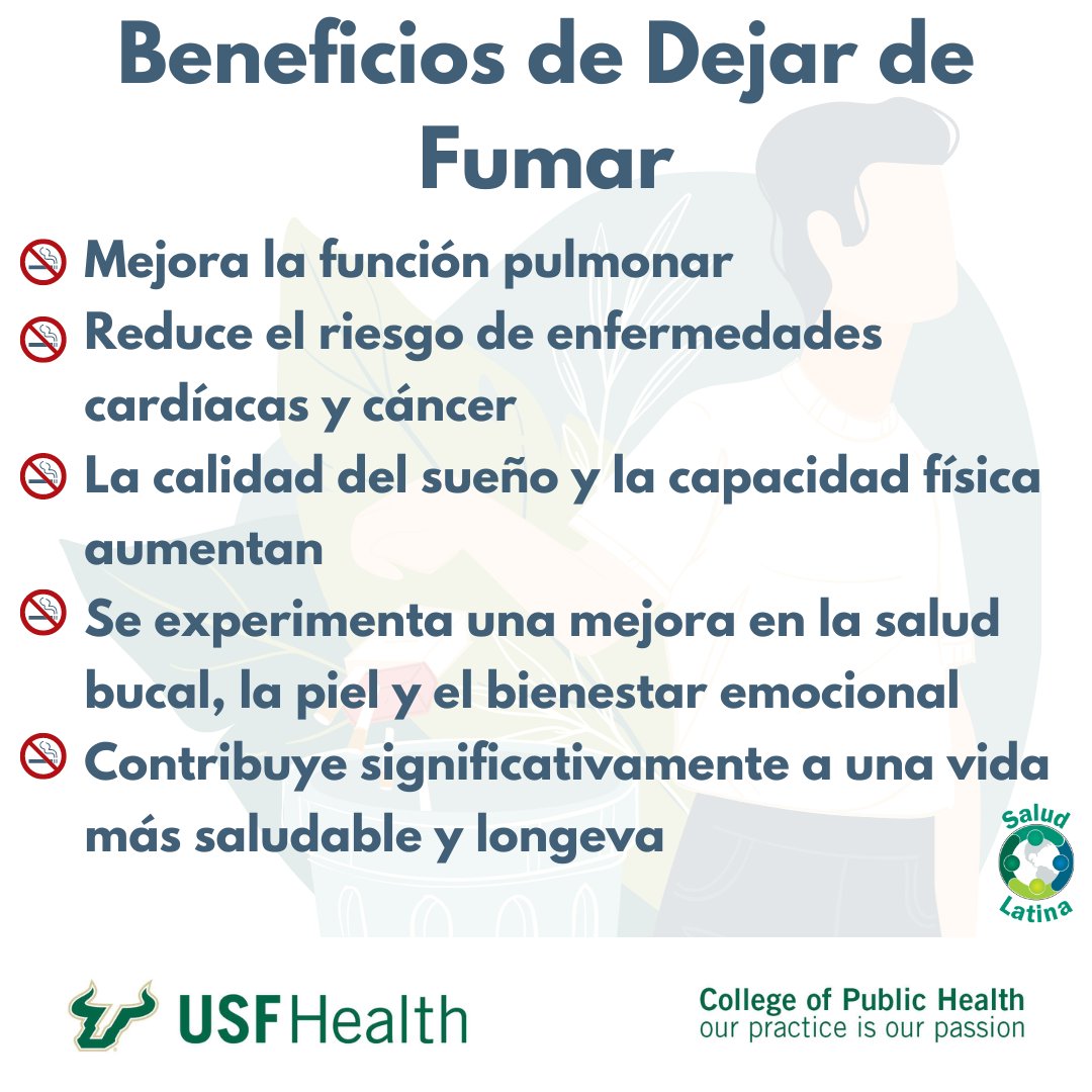 Dejar de fumar no siempre es fácil, pero aquí hay unos beneficios de dejar de fumar.

#saludlatinausf #saludpublica #usfcophrocks #ourpracticeisourpassion #thisispublichealth #oneusf #usflatinohealth #salud #publichealth #health #wellness #smoking #smokingcessation