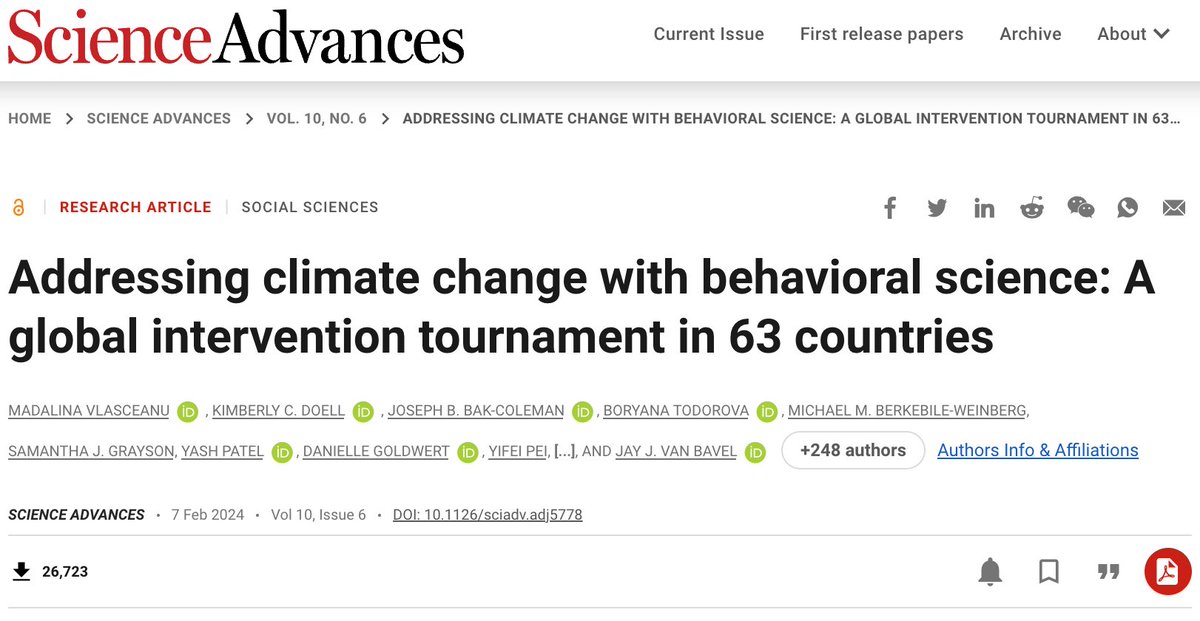 Team Scientists @HalHershfield, @RobbWiller, @jayvanbavel & co-authors conducted a #megastudy of 11 #climatechange interventions among 59,440 people from 63 nations. Read all about it @ScienceAdvances: bit.ly/3Tve3j9