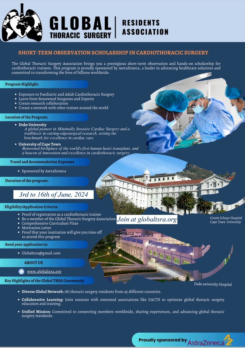 Global Thoracic Surgery Residents Association (@globaltsra) on Twitter photo Attention Cardiothoracic residents!!
One week to go! 
Apply before 2nd of April for a sponsored observership at two of the world renowned centers! 
Details below.
<a href="/AstraZeneca/">AstraZeneca</a> <a href="/DukeCTSurgery/">DukeCTSurgery</a>
#CardioTwitter #observership #cardiothoracicsurgery Attention Cardiothoracic residents!!
One week to go! 
Apply before 2nd of April for a sponsored observership at two of the world renowned centers! 
Details below.
<a href="/AstraZeneca/">AstraZeneca</a> <a href="/DukeCTSurgery/">DukeCTSurgery</a>
#CardioTwitter #observership #cardiothoracicsurgery