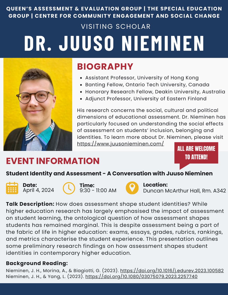 AEGQueens (@aegqueens) on Twitter photo In collaboration with the Special Education Group & the Centre for Community Engagement & Social Change, AEG will host visiting scholar <a href="/JuusoNieminen/">Juuso Henrik Nieminen</a> for a talk about student #identity and #assessment. Join us on April 4 @ 9:30 AM in <a href="/QueensEduc/">Faculty of Education</a> room A342. Hope to see you there! In collaboration with the Special Education Group & the Centre for Community Engagement & Social Change, AEG will host visiting scholar <a href="/JuusoNieminen/">Juuso Henrik Nieminen</a> for a talk about student #identity and #assessment. Join us on April 4 @ 9:30 AM in <a href="/QueensEduc/">Faculty of Education</a> room A342. Hope to see you there!