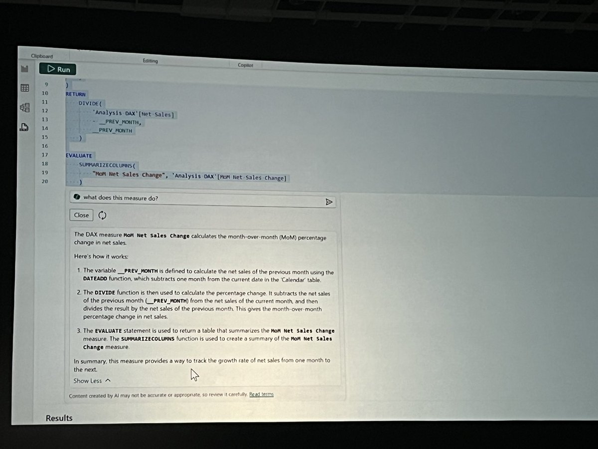 In my session at #fabcon this afternoon I’ll talk about “Analytics in the era of Gen AI”. The announcement of copilot for data warehouse and bringing PBI copilot into the desktop experience (including explaining existing dax queries and even general concepts!) is a key enabler!