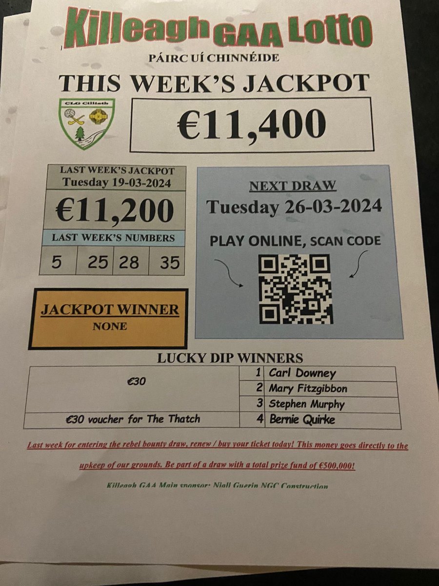 Tonight's @KilleaghGAA Lotto JACKPOT is €11,400! You could be a winner tonight so play now online bit.ly/31YlhC0 OR play in local businesses up to 8pm. We thank you for your support on a weekly basis! Every little €2 will help! Cilliath Abú!⚪️🟢