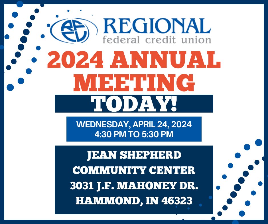 Join us today for the @REGIONALFCU Annual Meeting. All members are welcome. We will have refreshments, give out prizes and talk about the future of REGIONAL.

#AnnualMeeting #REGIONALMeeting #MembersWelcome