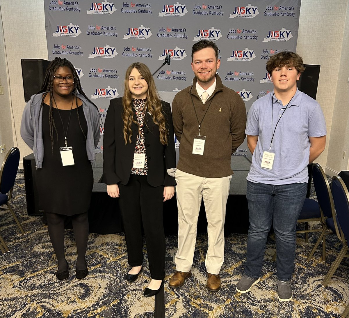 We have made it to Lexington! The state qualifying team for Knowledge Bowl of Dezyre Morrison, Jolly Banton and Logan Key compete at 2:50 today. #JAGKY 🔴⚪️ @WEHSRaiders @JAGkentucky @JAGnational
