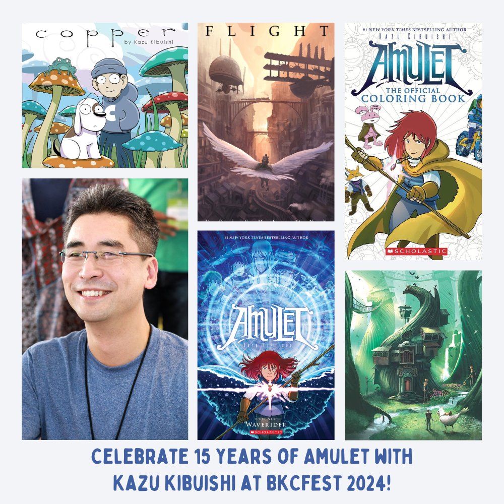 Next up on our list of special guests for BKCFest 2024... Kazu Kibuishi (@boltcity)! Kazu is the writer and artist of the New York Times best-selling graphic novel series, Amulet. We're so excited to be celebrating 15 years of Amulet with Kazu at the fest!