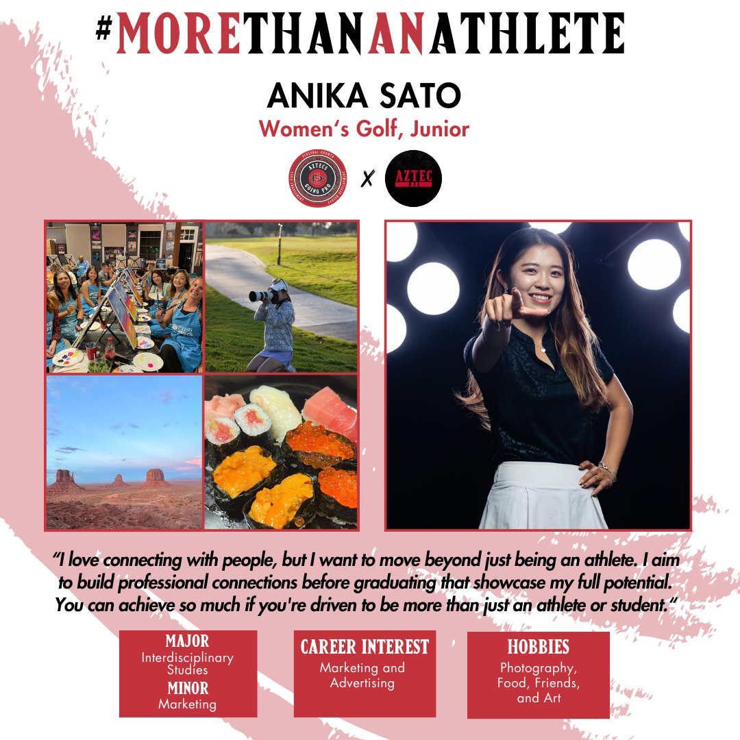 AztecsGoingPro's tweet photo. Introducing our featured student-athlete of the week, Anika Sato! ⛳📷🍣🎨
Join us in celebrating her as she represents the @AztecWGolf squad in the #MoreThanAnAthlete series.
#AztecsGoingPro #GoAztecs #NIL #BuildTheBrand https://t.co/fuzk8IxtdX