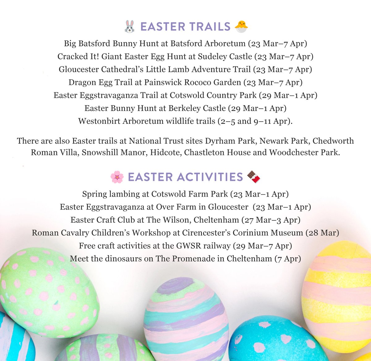 It's not long until Easter, and if you're looking for family-friendly activities to keep the kids occupied, there's lots coming up in the Cotswolds, including Easter egg hunts and trails, craft sessions and even a dinosaur or two…