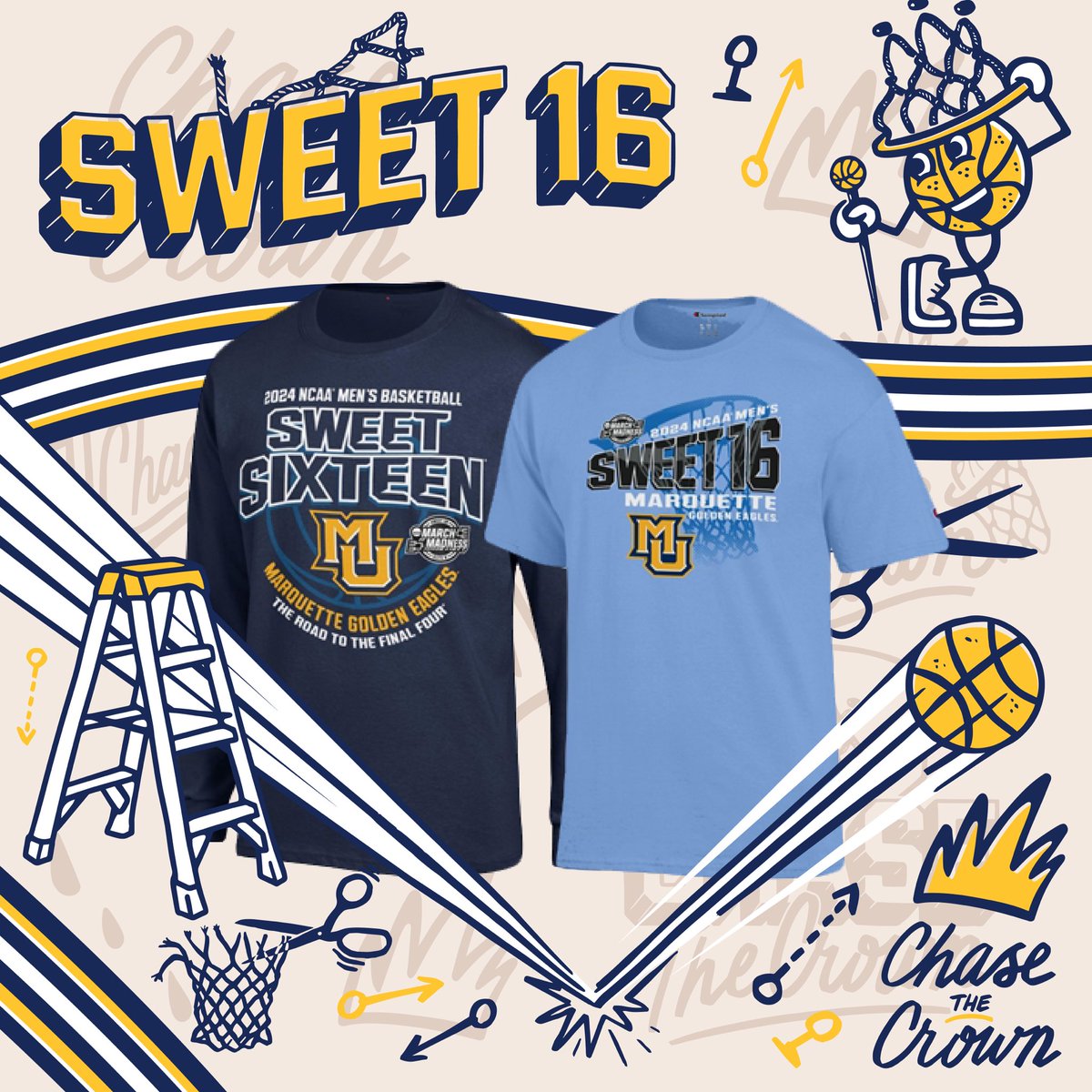 Sweet Sixteen gear has arrived at the @MUSpiritShop! Stop in today or order online to get yours. 👕 bit.ly/3PA4InI #MUBB | #WeAreMarquette