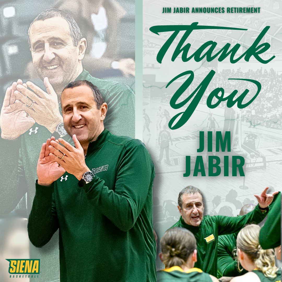 CONGRATULATIONS COACH JABIR 👏 Following a decorated 3⃣6⃣-year collegiate head coaching career featuring 5⃣6⃣1⃣ wins and 8⃣ @MarchMadnessWBB berths, @Siena_WBB coach Jim Jabir has announced his retirement 📰 t.ly/elCmo #MarchOn x #Family 🤟