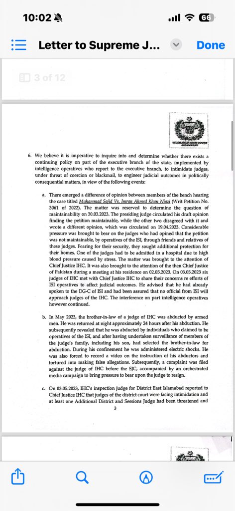 Six judges from the Islamabad High Court are calling for an investigation into the alleged interference of intelligence agencies in judicial independence. Letter to supreme judicial council says: 'We believe it is imperative to inquire into and determine whether there exists a…