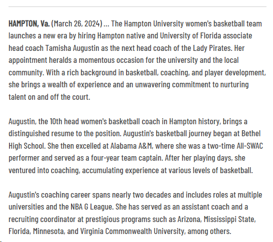 Raoul_000's tweet photo. Tamisha Augustin has been named the new Hampton WBB head coach; she was most recently associate head coach at Florida, with earlier assistant coaching stints including Mississippi State, Arizona, Cincinnati, and Minnesota https://t.co/HpSVsIcDSJ https://t.co/Ey04V3Rkor