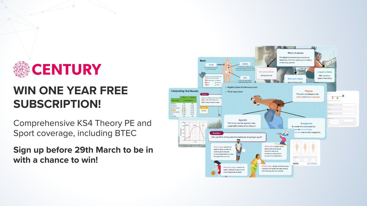 🔥🏆Win a year's free @ThisIsCentury for your PE department! 🏆🔥 Their KS4 Theory PE & Sport content covers all exam boards, including BTEC and is great for flip learning and GCSE revision! Make sure you don’t miss out, sign up here: 👉🏻 share.hsforms.com/1xsXSkeCaQ5W_c…