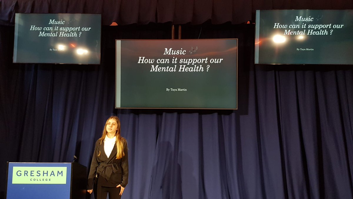 Finalist Taya Martin of Netherthorpe School, Chesterfield <a href="/NetherthorpeSch/">Netherthorpe School</a> answering question 7: With rising #mentalhealth issues in young people, how could an emotional response to #music be used to help?

#greshamcompetition #oracy