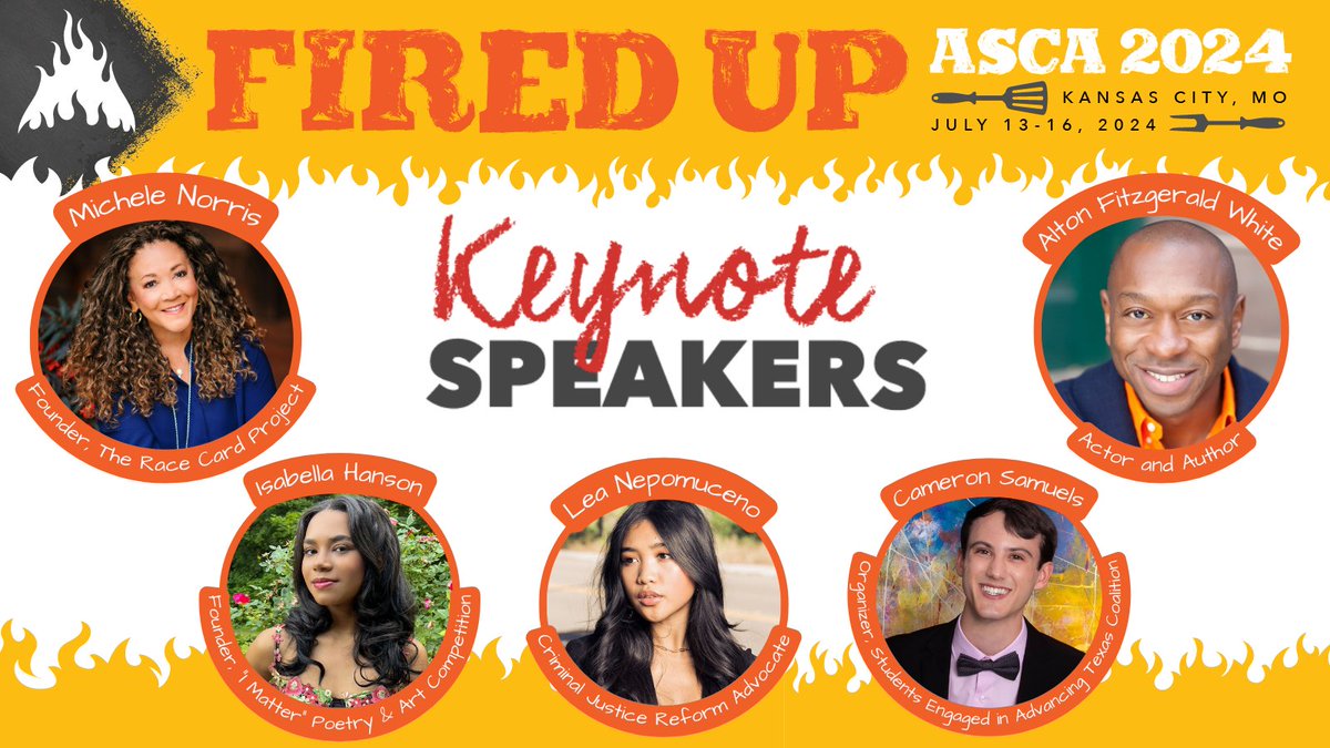 Meet the #ASCA24 Keynote Speakers! 🔥 @Michele_Norris, Founder, @RaceCardProject 🔥 @WhiteAlton, Actor & Author 🔥 Isabella Hanson, Founder, 'I Matter' Poetry & Art Competition 🔥 Lea Nepomuceno, Criminal Justice Reform Advocate 🔥 Cameron Samuels, Organizer, @studentsengaged
