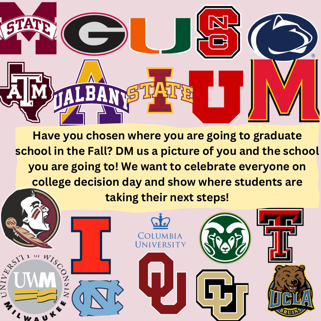 STUDENTS! Have you decided where you are going to graduate school? Send us a DM with a picture and where you are going for grad school. We want to celebrate your big accomplishment 🙂