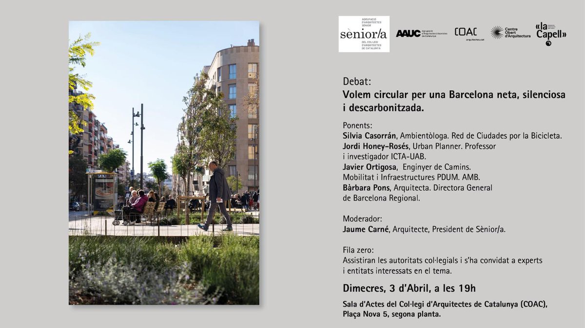 📢 JORNADES D’ACTUALITAT - DEBAT: Volem circular per una Barcelona neta, silenciosa i descarbonitzada 📍 @coacatalunya (Pl. Nova, 5) 📅 dimecres, 3 d'abril ⌚ 19:00 h