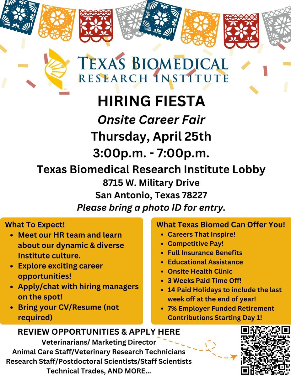 Come on out on April 25 for our Onsite #CareerFair! Meet w/ hiring managers & learn about #jobs. #werehiring #researchjobs #veterinaryjobs #postdocposition #scicommjobs #SATX #jobfair Check out positions & benefits: txbiomed.org/careers/