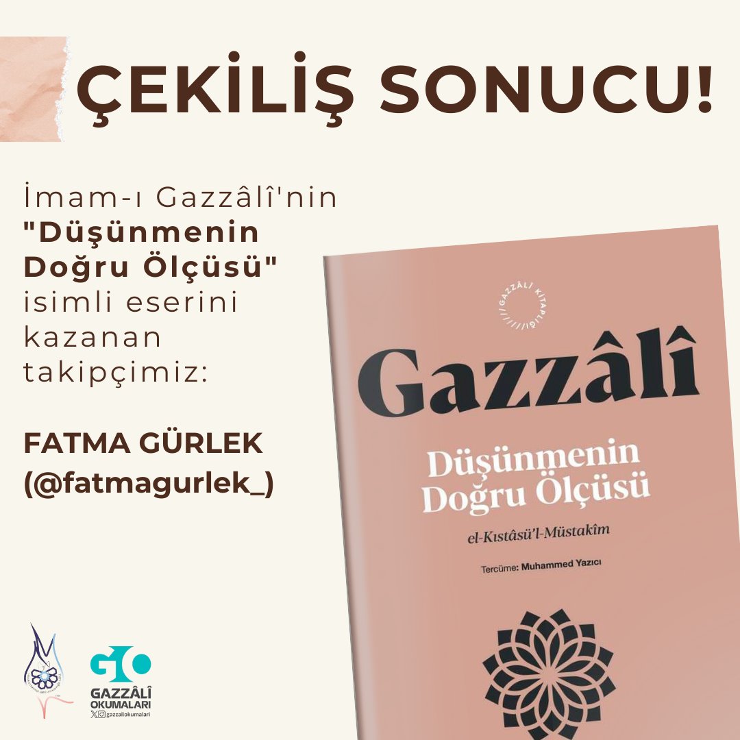 ✨ Çekiliş Sonucu! Çekilişimize katılan tüm takipçilerimize teşekkür ederiz. İmam-ı Gazzâlî'nin “Düşünmenin Doğru Ölçüsü” isimli eserini kazanan takipçimiz: Fatma GÜRLEK (@fatmagurlek_) En kısa zamanda DM üzerinden bizimle iletişime geçmelerini rica ediyoruz. @msr_anadoluihl