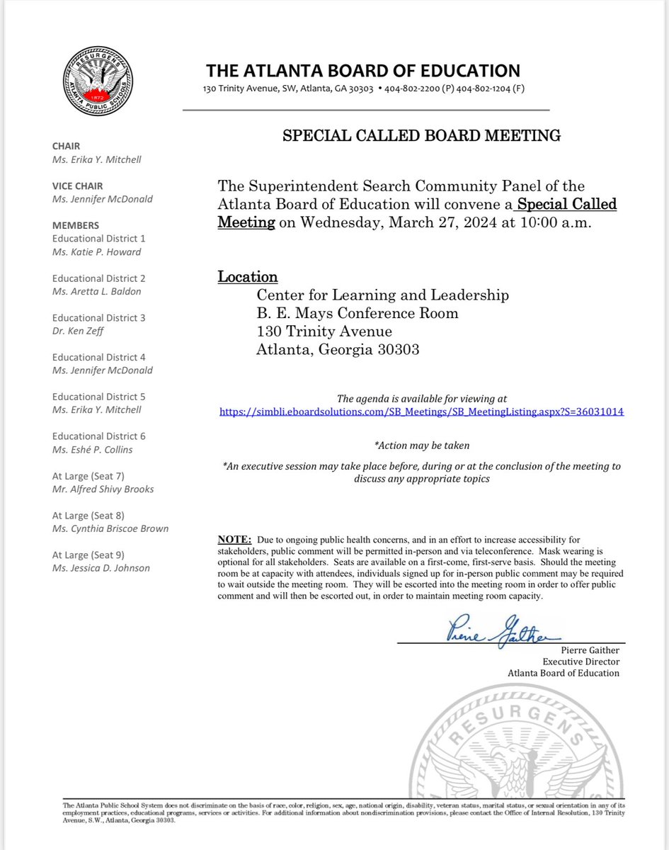 Special Called Meeting| Wednesday, March 27, 2024| Center for Learning and Leadership (130 Trinity Avenue, Atlanta, Georgia 30303)| 10:00 AM