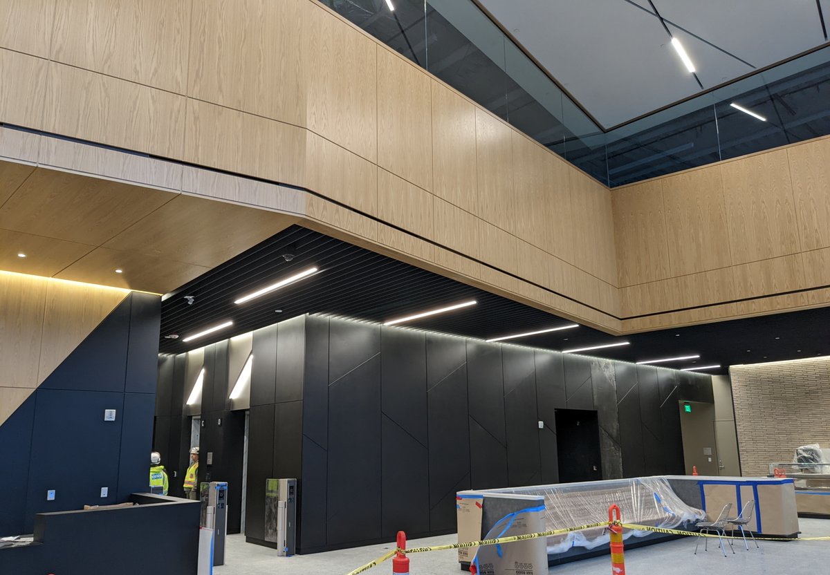 This in-progress project combines oak veneer and black metal wall and ceiling panels to create contrast and draw the eye upward with the specialty lighting.

#architecturalmillwork #wallpanels #ceilingpanels #specialtylighting