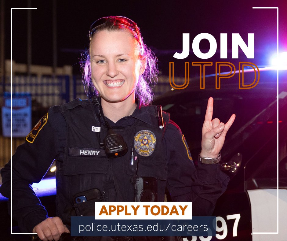 WE'RE HIRING — Help keep UT safe. Apply now to make a difference and ensure the well-being of our campus community! 🚔🤘🏾

Learn more: police.utexas.edu/careers
Apply today: lnkd.in/geQ3NbMF

#UTPD #LawEnforcementJobs #UTJobs #TexasJobs