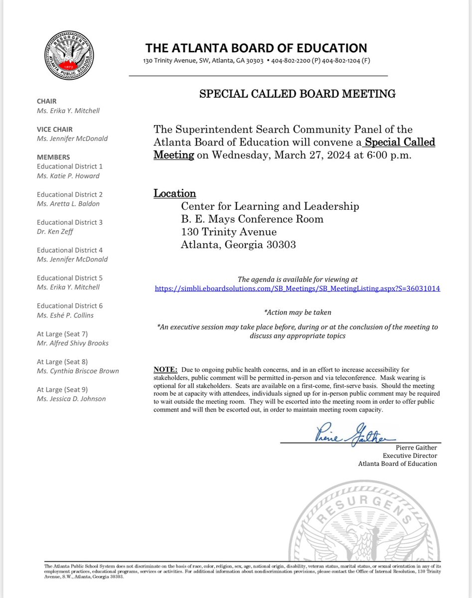 Special Called Meeting| Wednesday, March 27, 2024| Center for Learning and Leadership (130 Trinity Avenue, Atlanta, Georgia 30303)| 6:00 PM