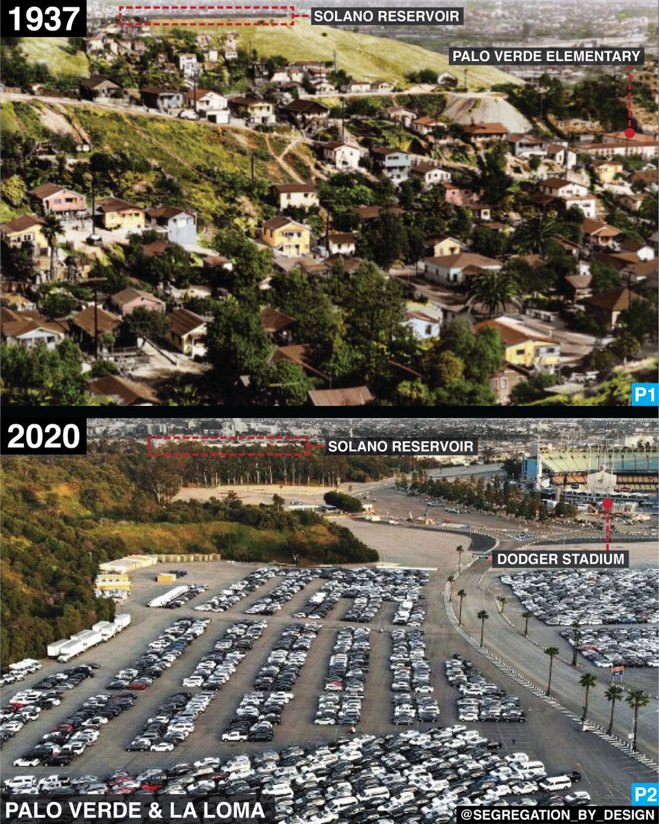 The Mexican-American community of Palo Verde, before-and-after the government forcibly evicted residents and demolished the neighborhood in the 1950s. The site was then used to build Dodger Stadium—more precisely: the Dodger Stadium parking lot.