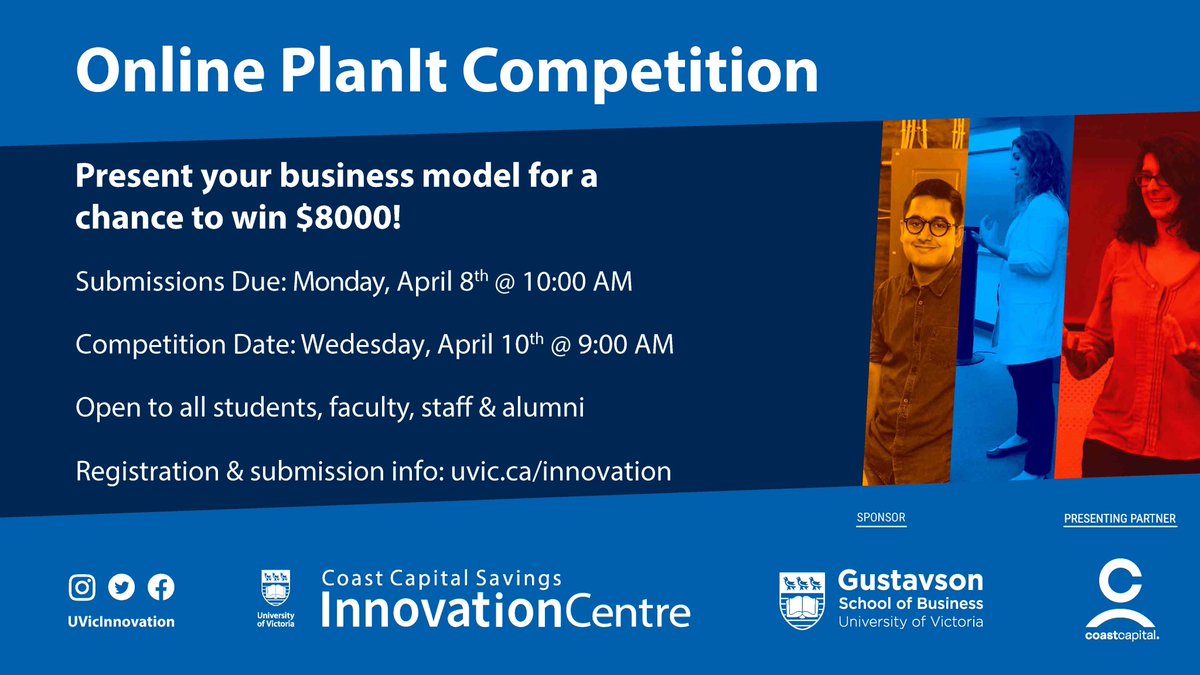 Are you ready to share your biz idea for a chance to win $8000 cash? The @Coast_Capital #InnovationCentre PlanIt competition could be for you! Applications due Monday, April 8th. Competition will be held on Wednesday, April 10th at 9:00 am. uvic.ca/innovation/