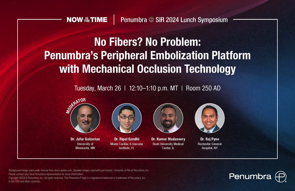 Want to learn more about Penumbra's Peripheral Embolization Platform? Join our lunch symposium today at 12:10 p.m. MT! #PackWithPenumbra #MechanicalOcclusion #SIR24SLC