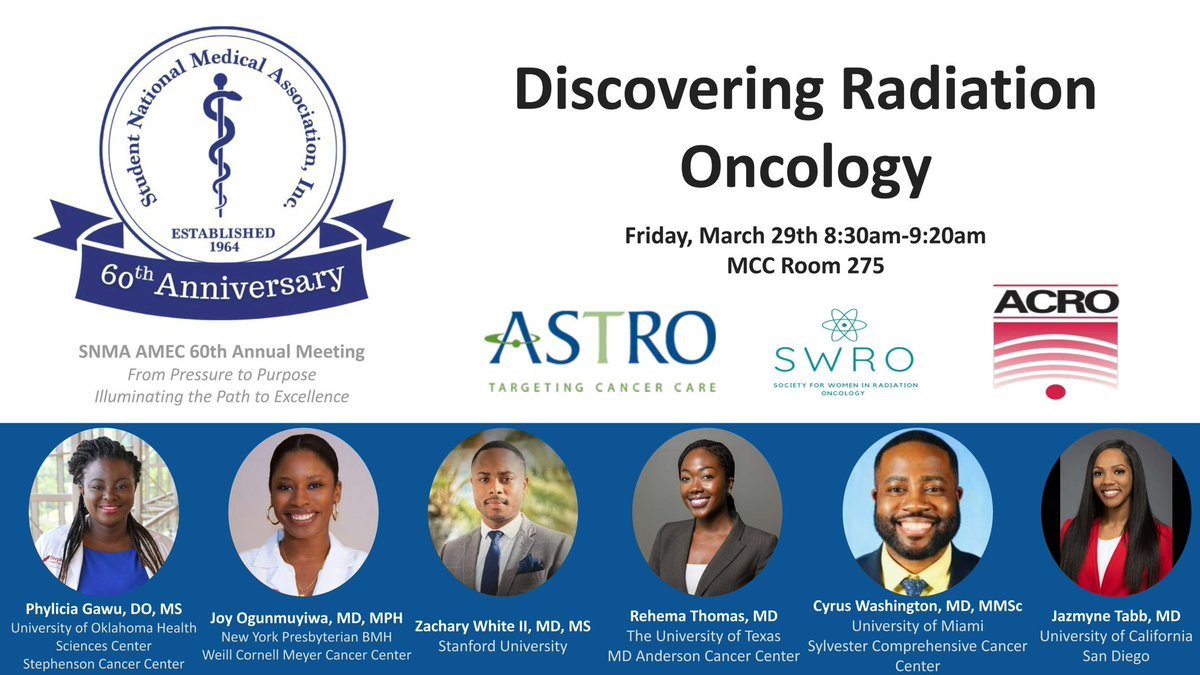Thrilled to be representing Radiation Oncology ☢️ at this year’s @SNMA 60th Annual #AMEC Conference. We’ve got a panel of all star residents to talk about our amazing specialty! #AMEC2024 Breakfast provided! 🍳☕️ @_drjoy_ @ZacharyBWhiteII @CyWashington20 @JazmyneTabb @drjcanJJ