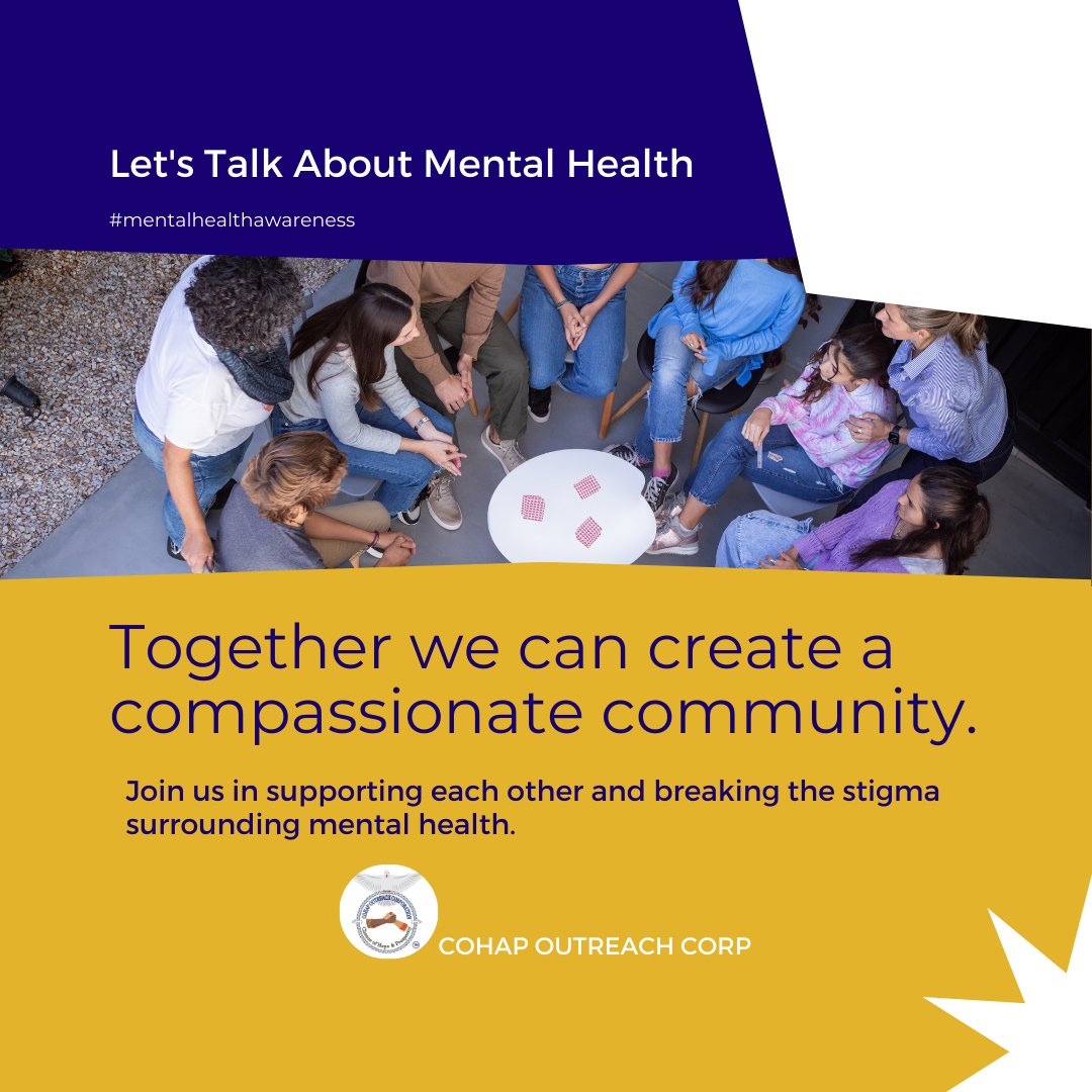 🌟 Today, let's embrace open conversations about #mentalhealth. Join #COHAPOUTREACHCORP in fostering understanding and #compassion. Together, we prioritize mental well-being. 💙🌈 

Learn More: cohapoutreachcorporation.org/what-we-do/ 🌈💪🤝 

#MentalHealthAwareness #BreakTheSilence #COHAPCares