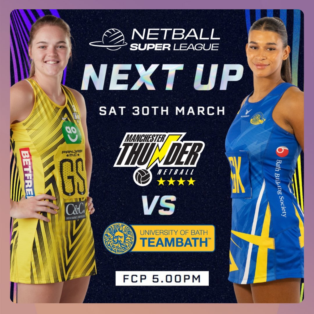 📆 THIS SATURDAY: @thundernetball v @TeamBathNetball Its not just a win that Thunder are after this weekend, it’s Team Bath’s record of five Netball Super League titles. This match is going to be one you don’t want to miss ⚫🟡 manchesterthunder.ticketline.co.uk/order/tickets/…