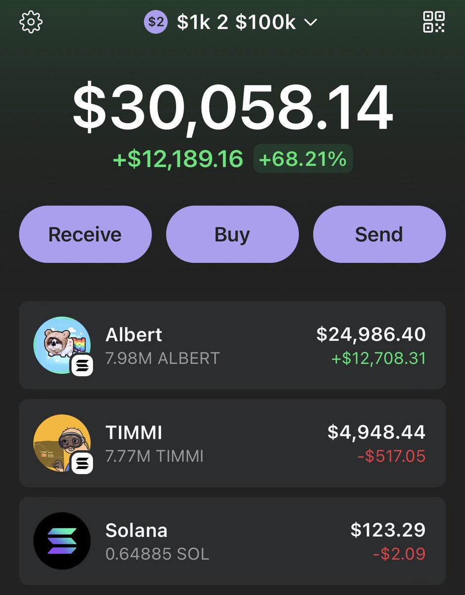 Day 11 of turning $1,000 into $100k by trading meme coins on Solana I am  now an $ALBERT maxi. Still a 4x from 100k. This is what my wallet looks  like now: