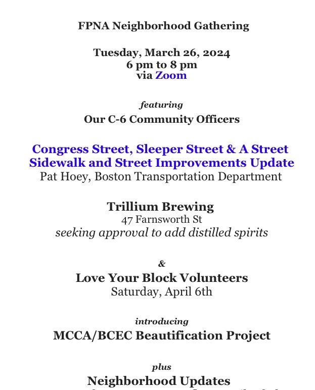 Tonight (3/26) Spring Into Action with #LoveYourBlock, improved City & State streets,Trillium & Neighborhood Updates. Details at fortpointboston.com/2024/03/spring…