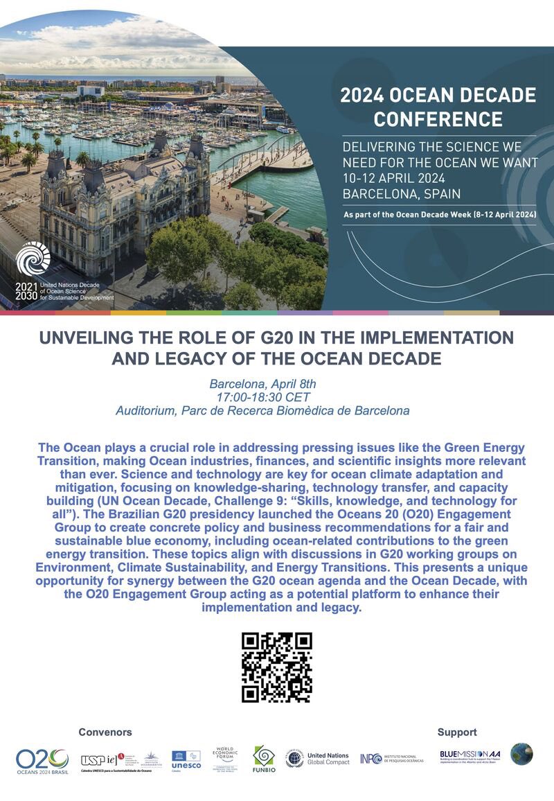 🌊 Ocean Decade satellite Event! Unveiling the role of the G20 in the implementation and legacy of the Ocean Decade. 🌍 📅 Save the Date: 8 April 5 - 6:30 PM Don't miss out on this thought-provoking event! Sign up here: docs.google.com/forms/d/e/1FAI…