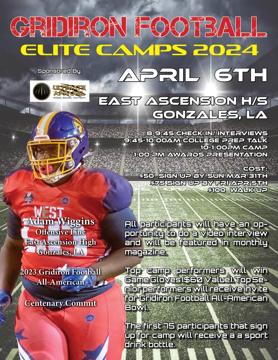UPDATE: The upcoming Elite Camp has been moved from East Iberville to East Ascension at Spartan Stadium. The date and the time are still the same as the camp will be on Saturday, April 6th. The link to register for the camp is below! 

REGISTER: gridironfootballusa.com/elite-camps/