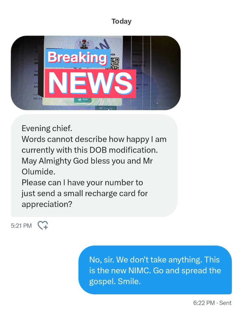 OluwaKamal's tweet image. The journey toward change begins within us. A Nigerian sought help with their NIN modification from @nimc_ng. After resolving the issue, the man wanted to gift the official, who declined graciously. A reminder of integrity and dedication we should all strive for. #NINModification