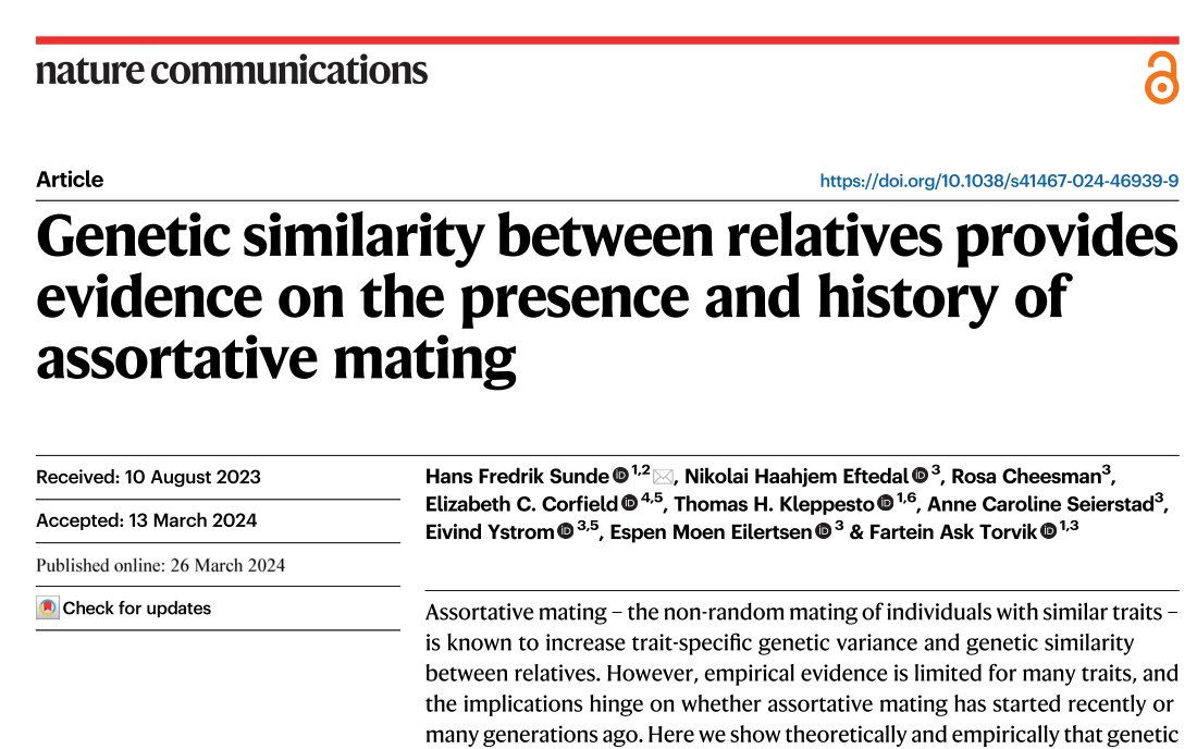 Today, I’m proud to say, our new paper on assortative mating was published in @NatureComms. (Link: doi.org/10.1038/s41467…). Here are our key findings 🧵: