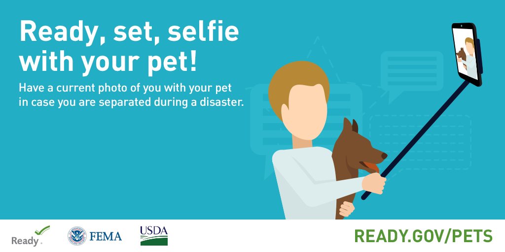 🐶✅🐱 #PetPreparedness Tips: 🗃️ Put your name + contact information on your pet’s ID tag in case you’re separated after stormy weather. 🤳 Keep that cute selfie of you & your pet in your emergency kit to prove ownership.