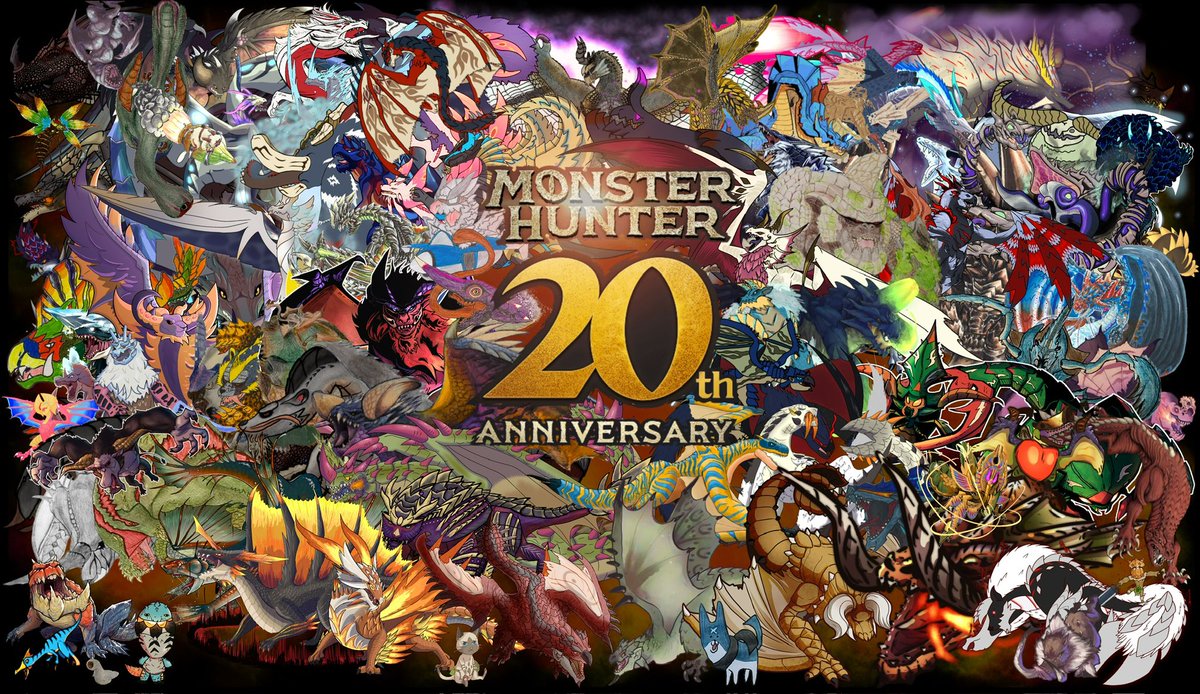 Happy 20th Anniversary to the Monster Hunter series from all of us artists! Featuring monsters from all across the series’s history! #MH20th #MonsterHunter #MH